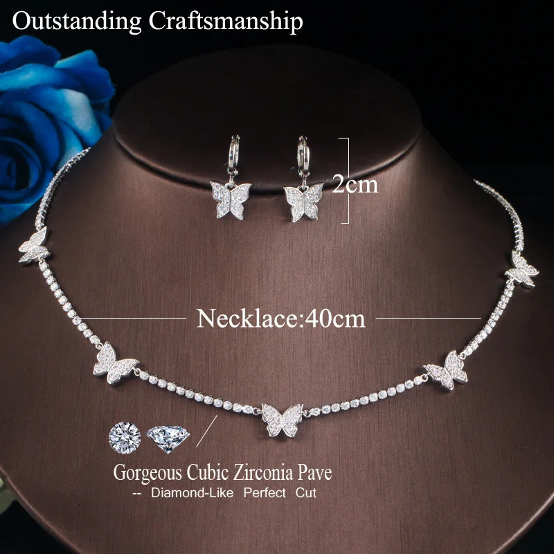 ThreeGraces Trendy White Cubic Zirconia Small Insect Butterfly Choker Necklace Earrings Set for Women Fashionable Jewelry T1017 250102