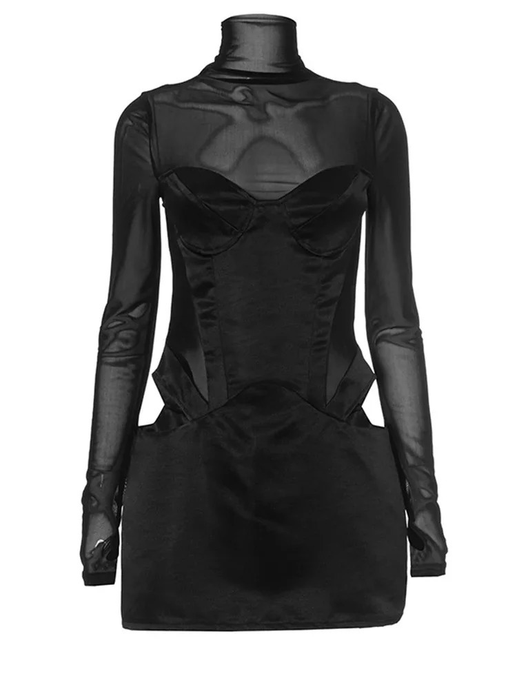 Black Sexy Hollow Out Mesh Spliced Mini Dress Fashion Turtleneck Bodycon Long Sleeve Dresses Lady Party Night Club Wear 250103
