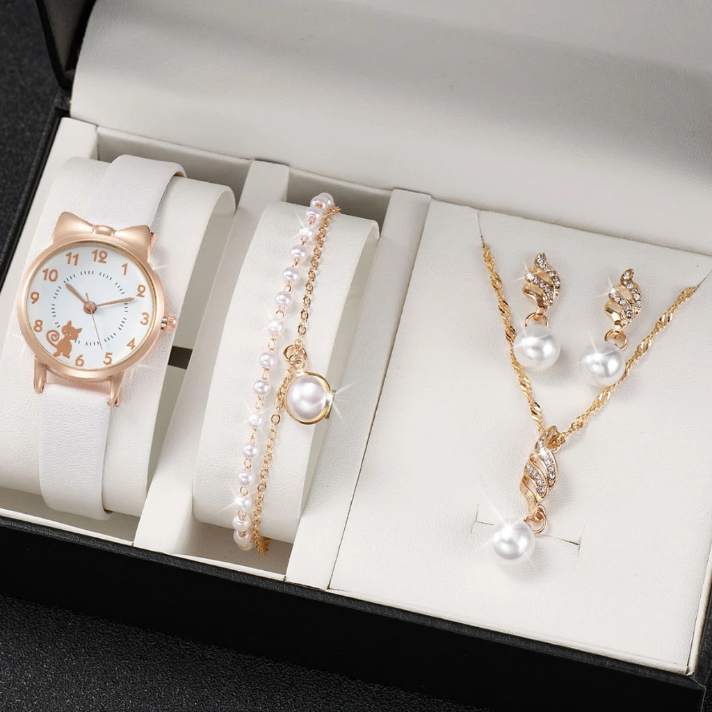Fashion Womens Quartz Watch PU Leather Strap Student Cute Cartoon Girl WatchesJewlery Set NO BOX 241228