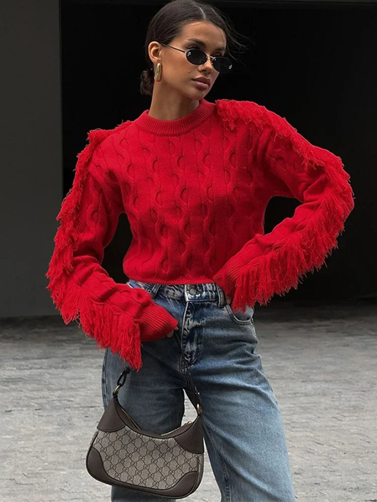 Trendix Tassel Long Sleeve Sweater For Womens Winter Slim O Neck Short Pullover Autumn Street Red Trendy Knit 250103
