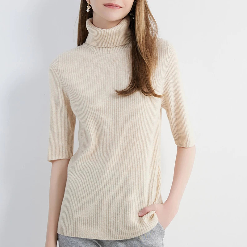 Sweater for Women Knitwears Turtleneck Tops 100% Wool Short Sleeve Pullover Spring Cashmere Knit Clothes Korean Fashion y2k 250103