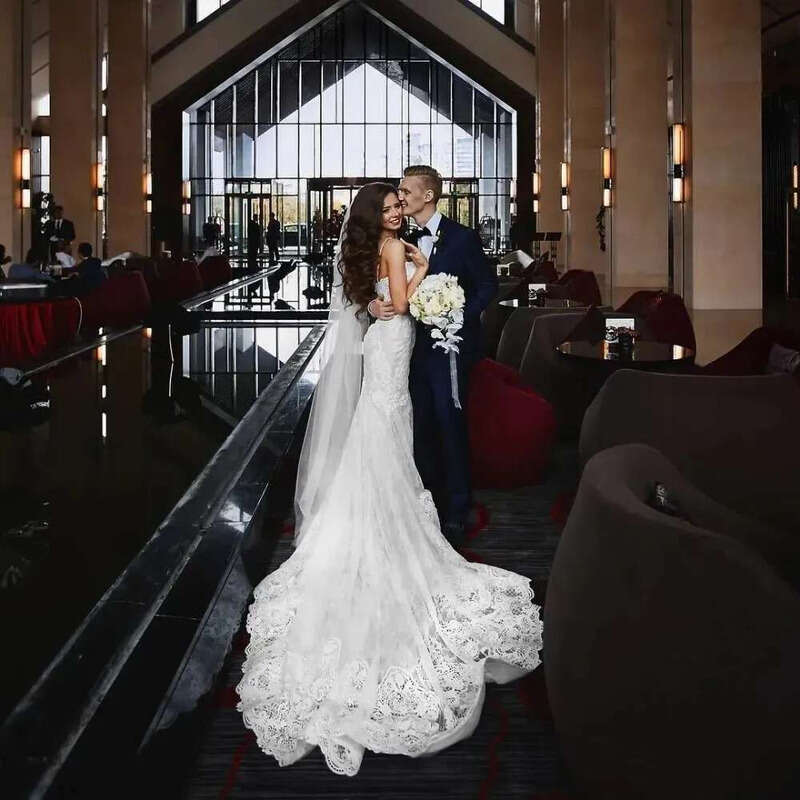 Mermaid Lace Stunningbride Wedding Dresses Spaghetti Straps Trumpet Sexy Appliqued Court Train Tulle Country Bridal Gowns YD
