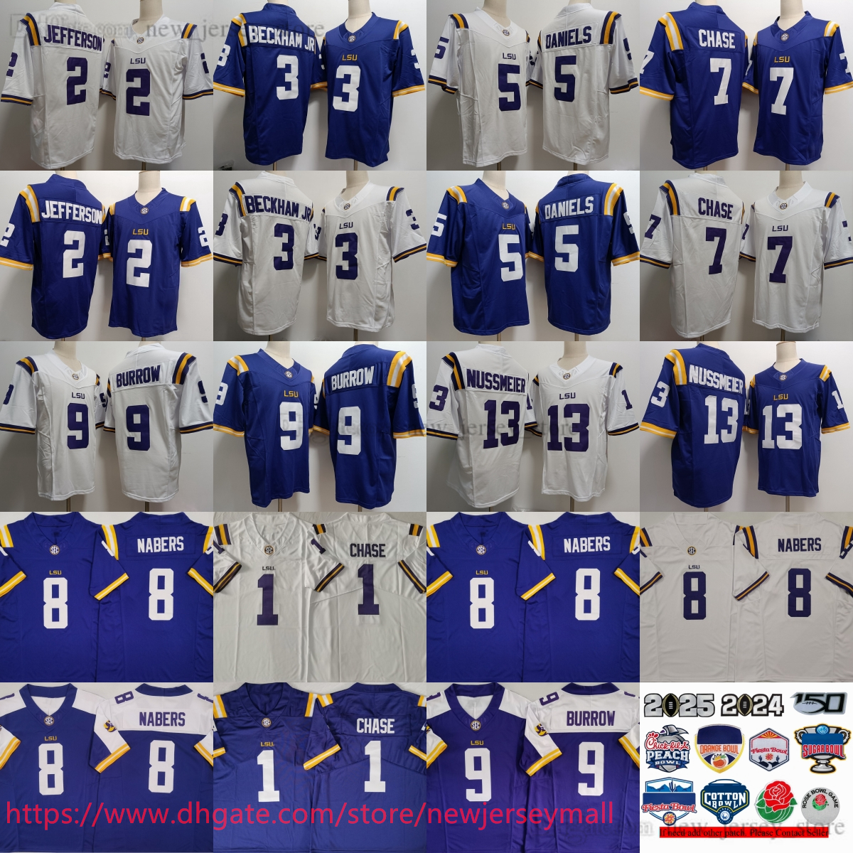 2025 College Football 2 Justin Jefferson Jersey Stitched Bowl Patch Odell Beckham Jayden Daniels Ja'Marr Chase Malik Nabers Joe Burrow Garrett Nussmeier Jerseys