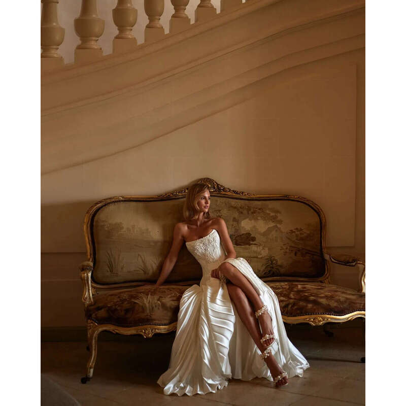 Nova A Milla E Dresses Bridal Gowns Appliqued Strapless Boho Wedding Dress Bone Bodice Ruched Pleated Skirt Backless 0213