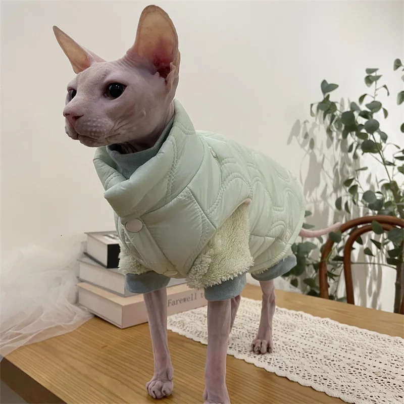 Winter Thick Fleece Windproof Jacket for Sphynx Cat Warm Cute Green High-Neck Button Coat for Kittens Loungewear For Devon Rex 250106