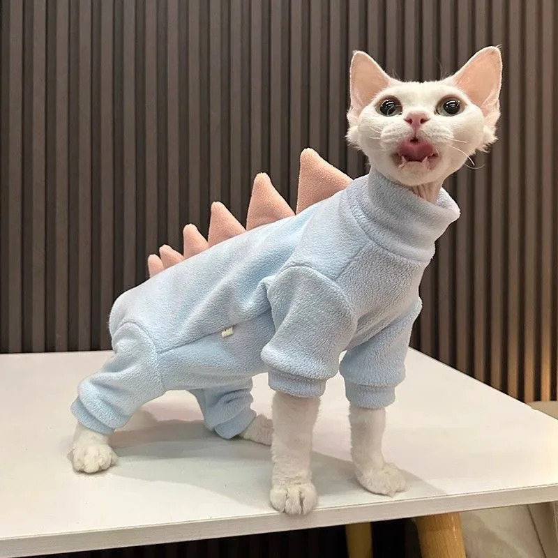 Dinosaur Shape Fleece Sweatshirt for Cats in Winter Cute Cartoon 4-legged Warm Purple Blue Coat for Sphynx Cat Soft Jumpsuit 250106