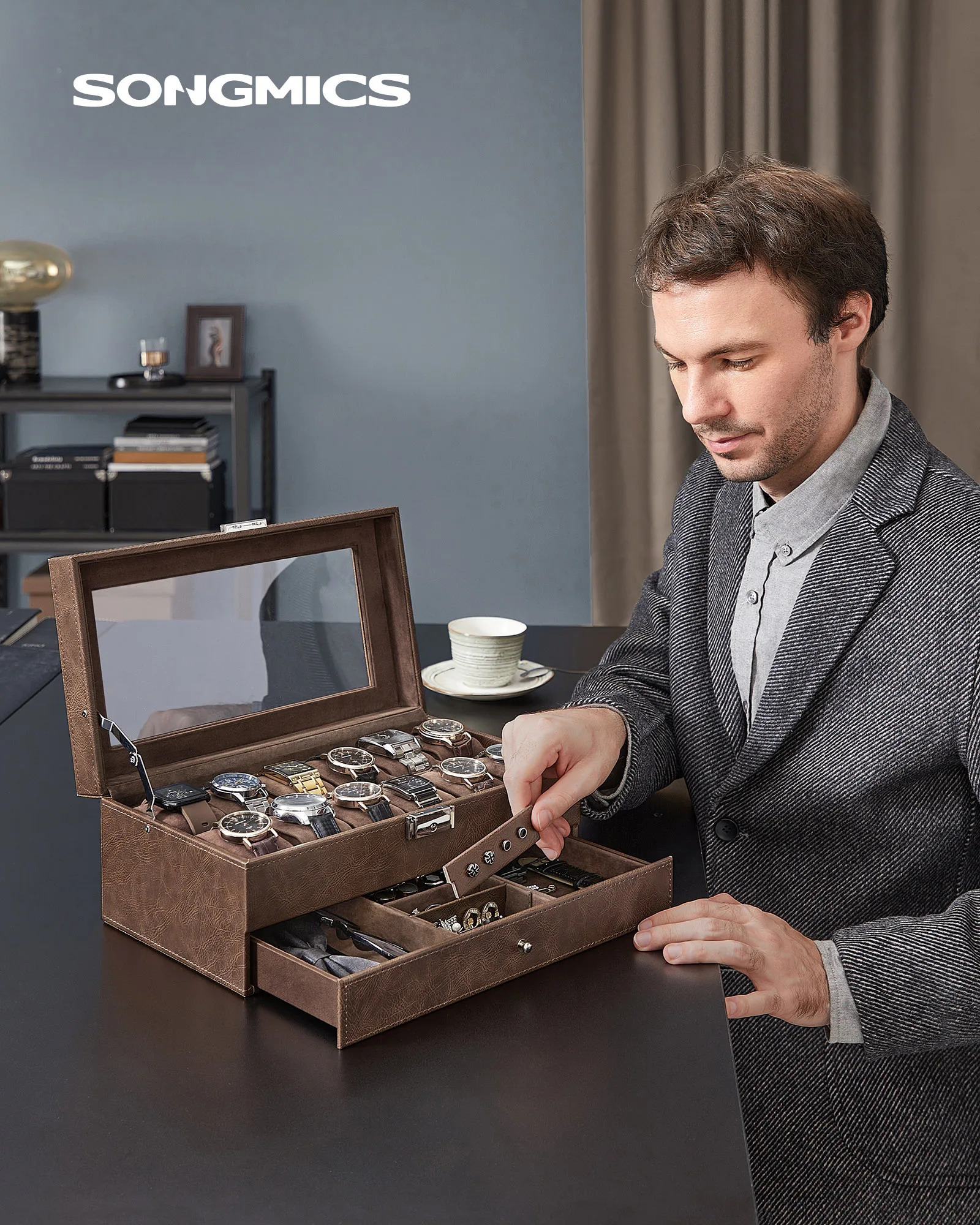 SONGMICS 12 slot watch box lockable watch box with glass cover 2 layers with 1 drawer used for rings and bracelets 250102