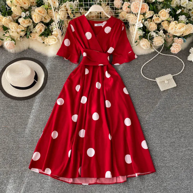 YuooMuoo Fashion Polka Dot Printed Womens Wear 2025 Elegant Retro Bandage Ultra Thin Waist Big Swing Long Sleeve Party Dress 250103