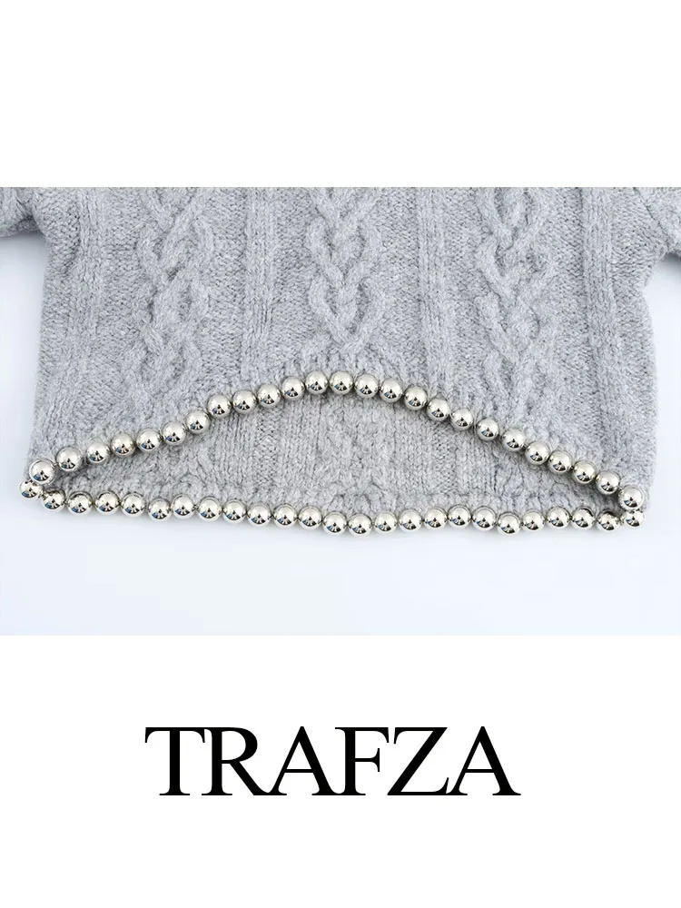 TRAFZA Women Spring Casual Knitted Tops Solid High Collar Long Sleeves Beading Decorate Pullovers Female Fashion Sweater 250103