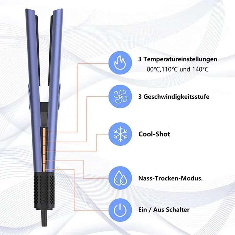 Airstrai 2-in-1 110000RMP Hair Dryer Wet & Dry Styg Straightener Air Wrap Negative Ion Portable Clamps