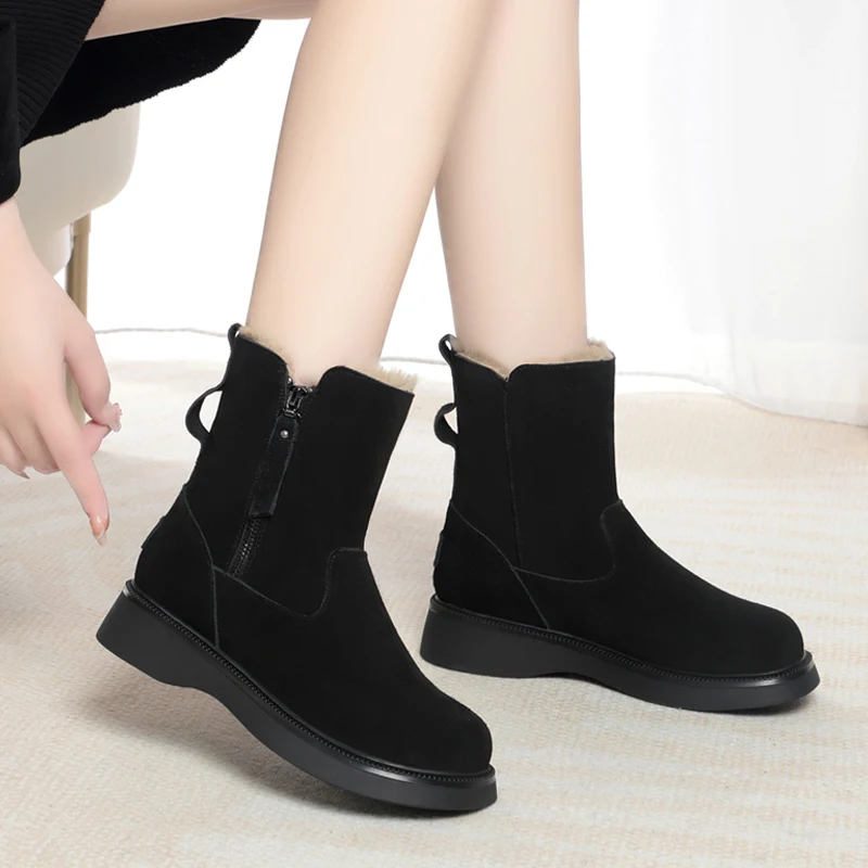 AIYUQI Women Winter Boots Wedge Genuine Leather Natural Wool Women's Snow Boots Anti-slip Warm Women's Booties