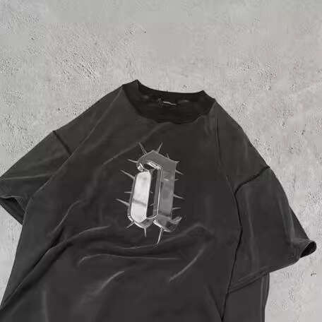 Vintage High Street Washed Black Metal Letter Printed Short Sleeve T-shirt for Men and Women