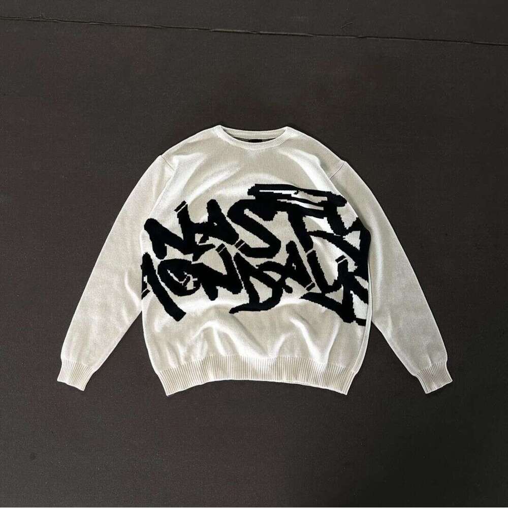 Knitted with letter jacquard pattern round neck long sleeved high street loose y2k sweater