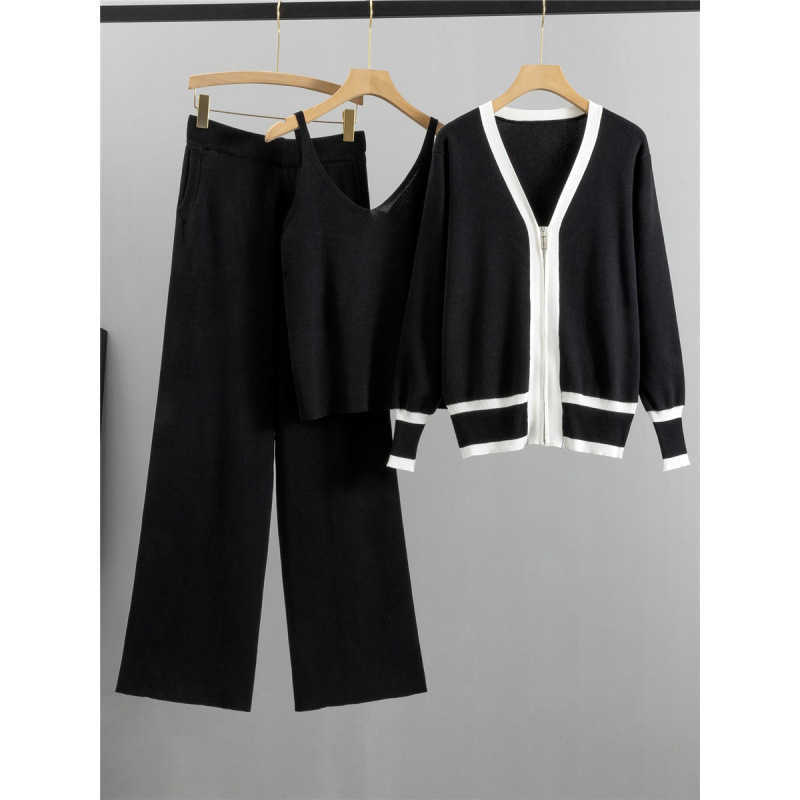 2024 Spring and Autumn New Womens European Collection Trendy Knitted Cardigan Strap Wide Leg Pants 3-piece Set