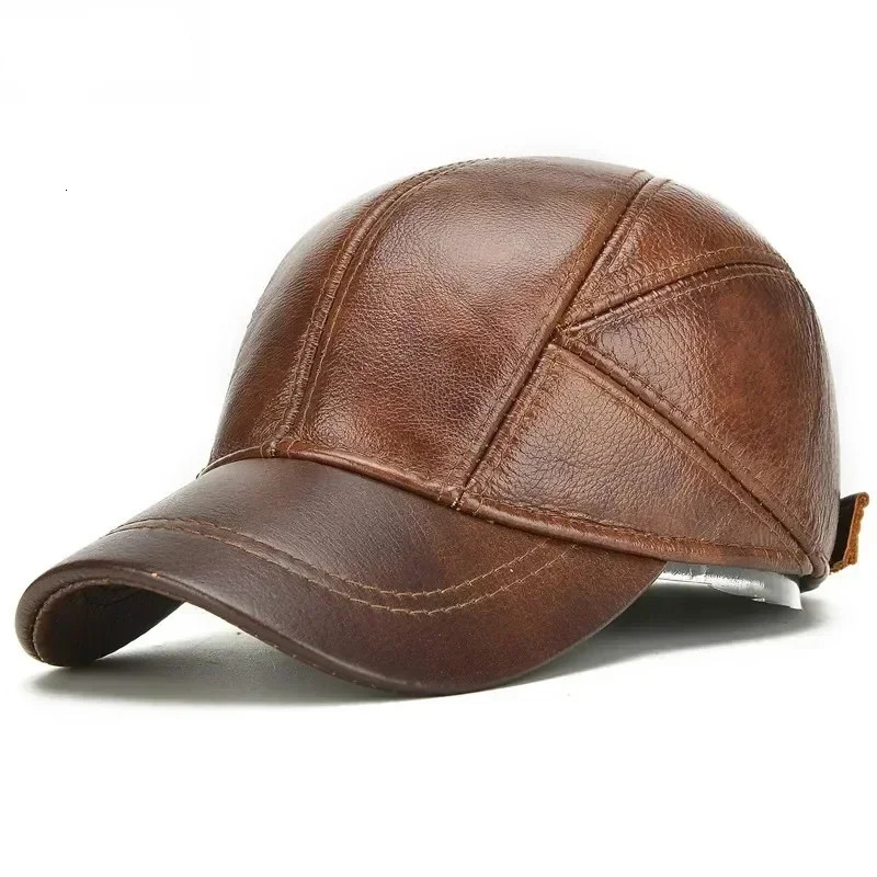 Men Cowhide Leather Earlap Caps Male Fall Winter Cow Leather Hats Casual Leather Outdoor Baseball Cap 241230