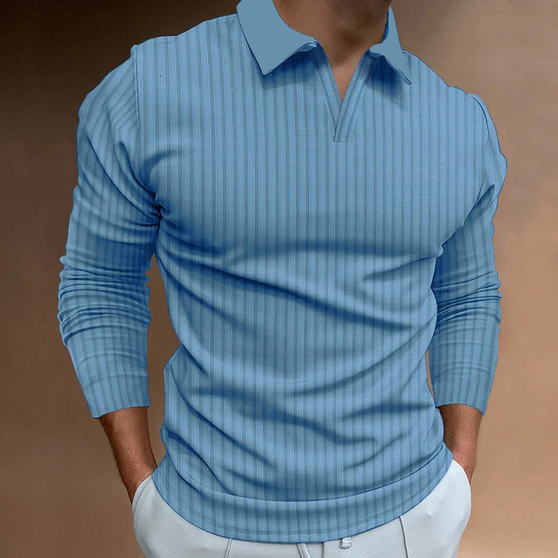 Mens Autumn Fitness Business Casual Standing Collar Long Sleeve Vertical Strip V-neck Polo Shirt 241224