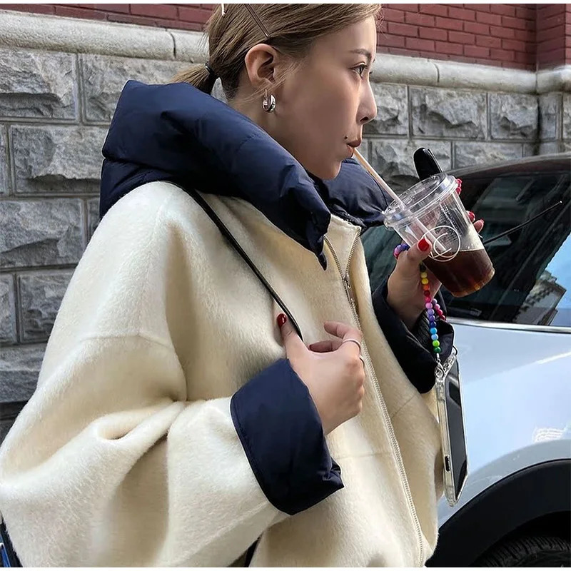 Zipper Panelled Womens Jackets With Hoodies Casual Drawstring Long Sleeved Jacket Female Autumn Winter Short Loose Outwear Tops 250103