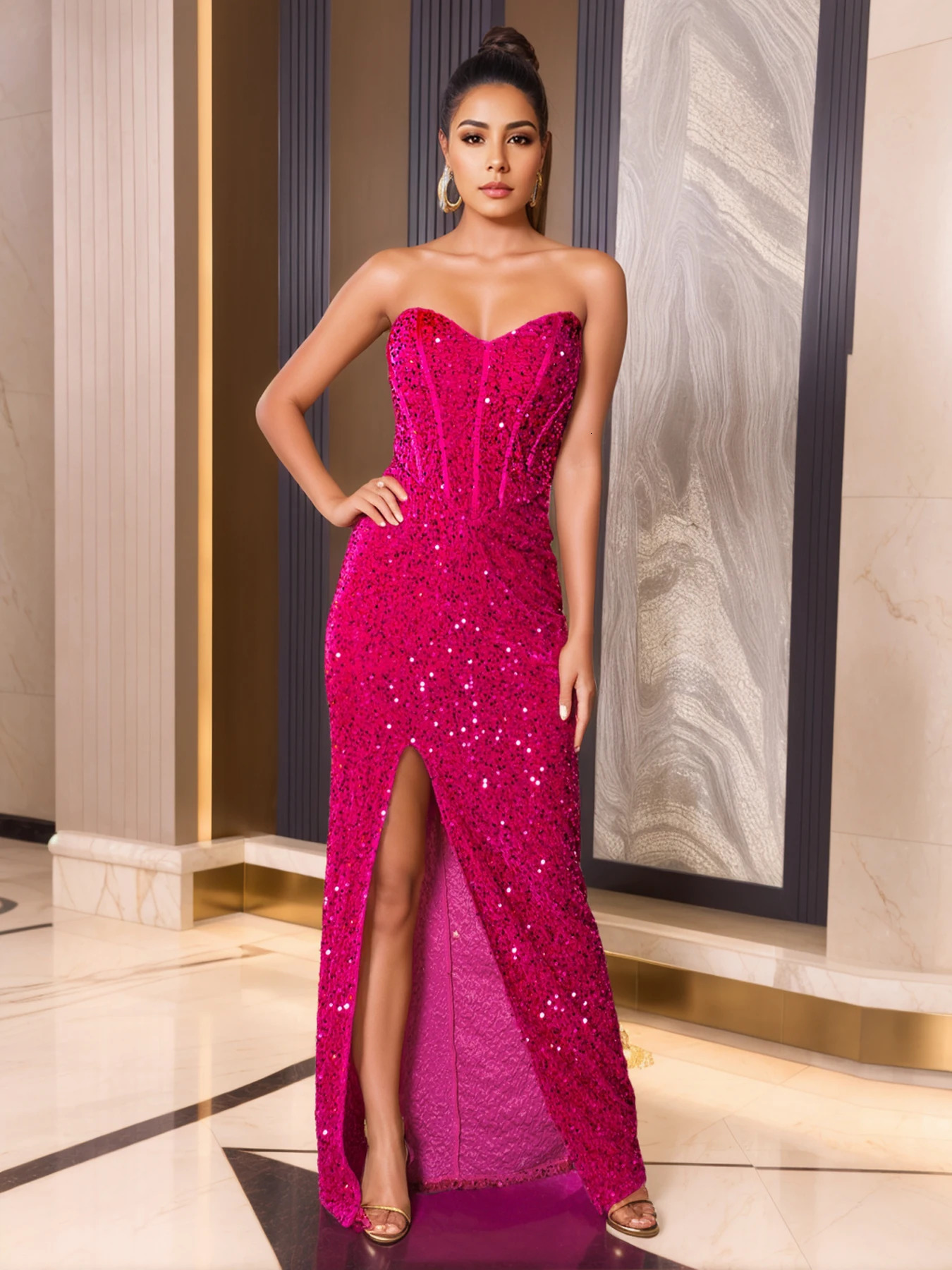 Strapless evening Maxi dress fishbone front seam backless pink royal blue engagement graduation party birthday gown 250103