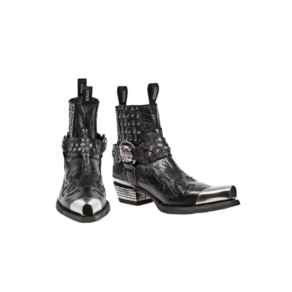 Retro Rivet Metal Decoration Western Cowboy Boots Square Toe Chunky Heel Print Pull On Heavy Work Shoes Punk Chelsea Ankle Boot 250106