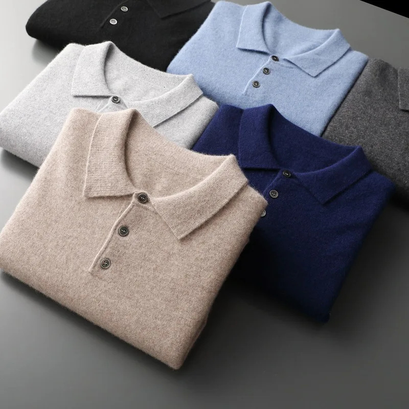 Mens winter solid color cashmere polo neck slim fit warm wool knitted sweater 250103