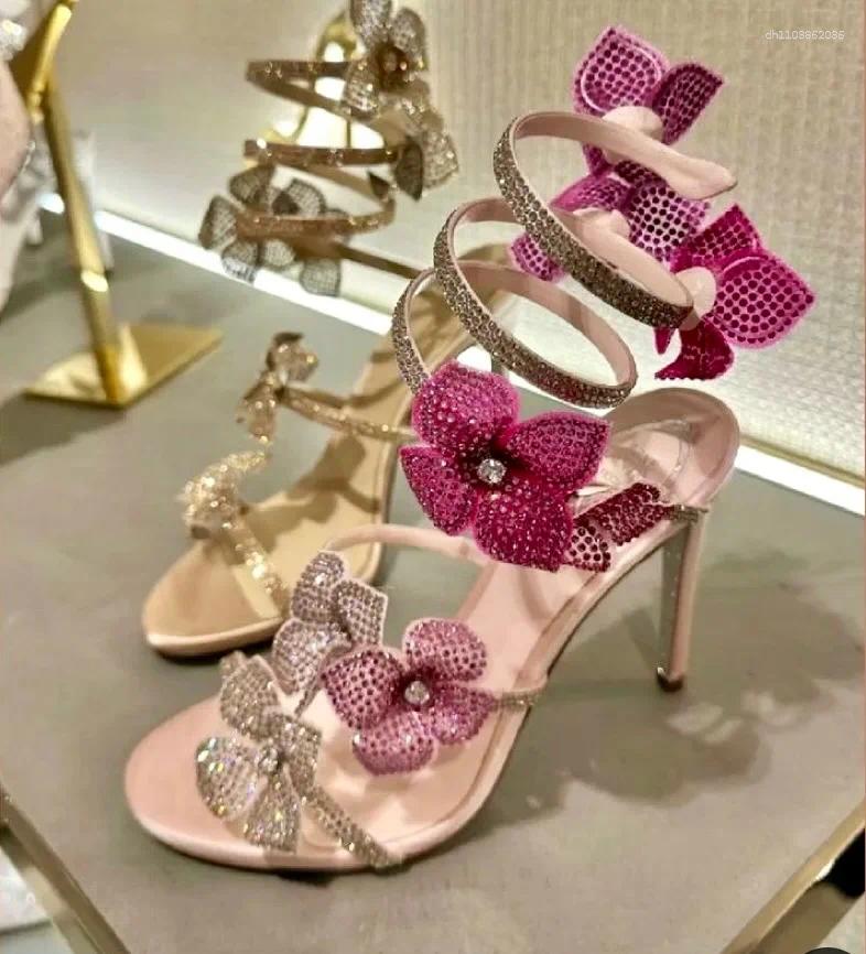Dress Shoes CHMURY Pink Flower Rhinestone High Heels Sandals For Women Party Elegant Stiletto