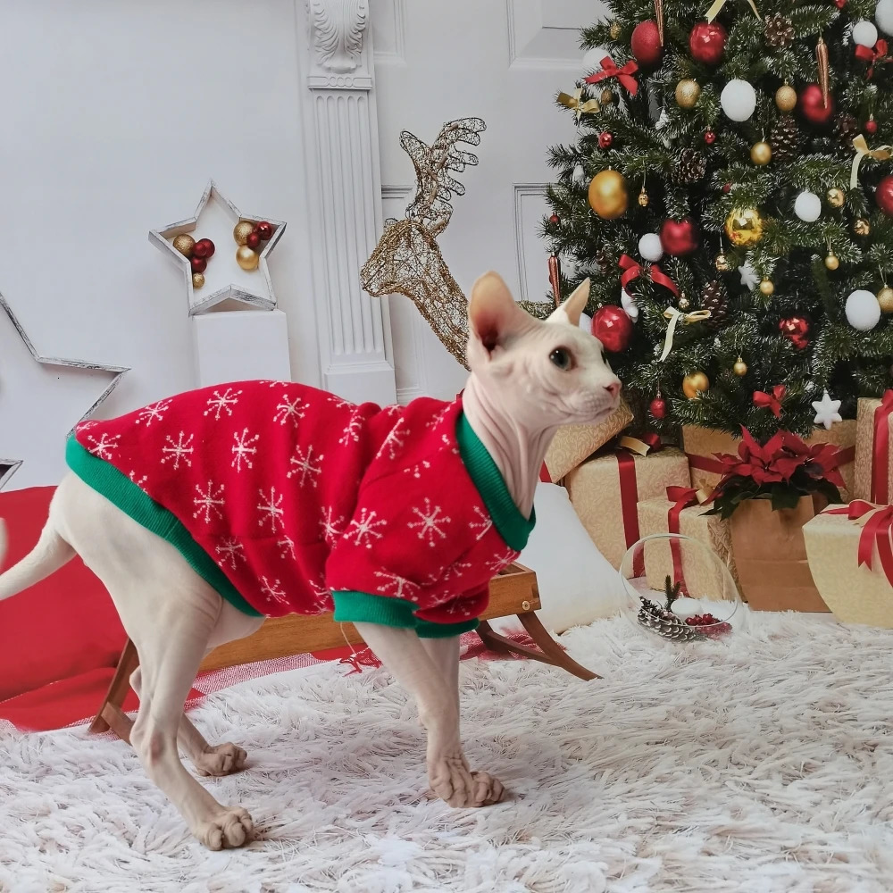 Christmas Snow Suit Clothes for Sphynx Cat Warm Sweater for Hairless Cat Winter Coat Fleece Jacket for Devon Rex Pet Product 250106