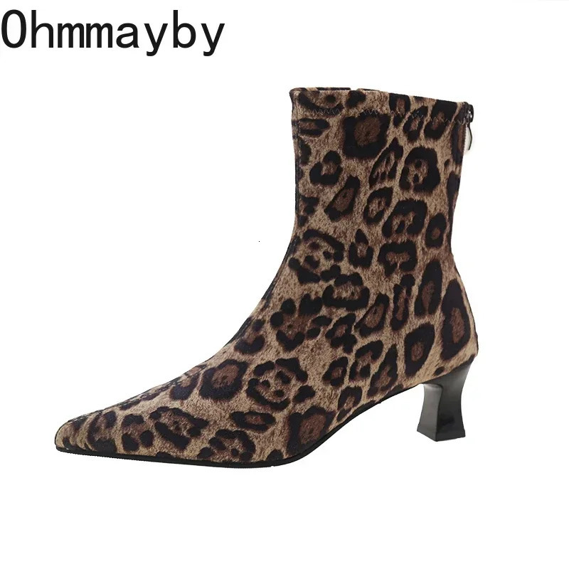 er Leopard Print Women Ankle Boots Fashion Pointed Toe Short Booties Concise Thick Heels Botas De Mujer 250106