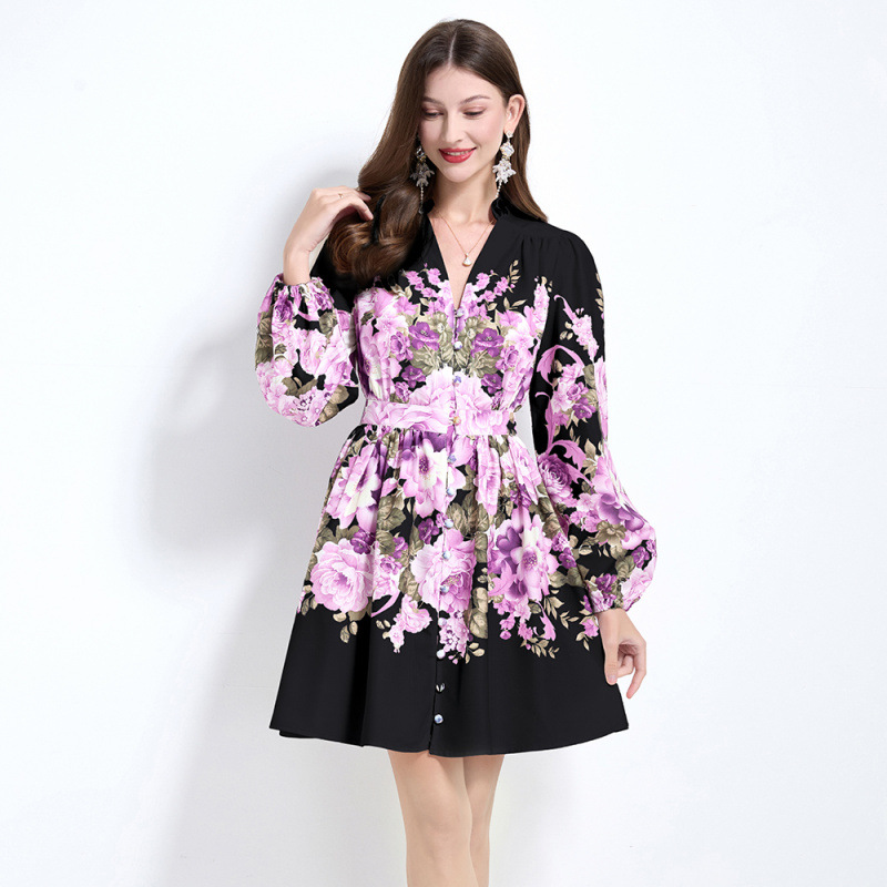 Vacation Style Flower Linen Mini Dress Lantern Long Sleeve V-neck Button Down Retro Print Designer Runway Women Short Dresses Cardigan Slim A-line Lad