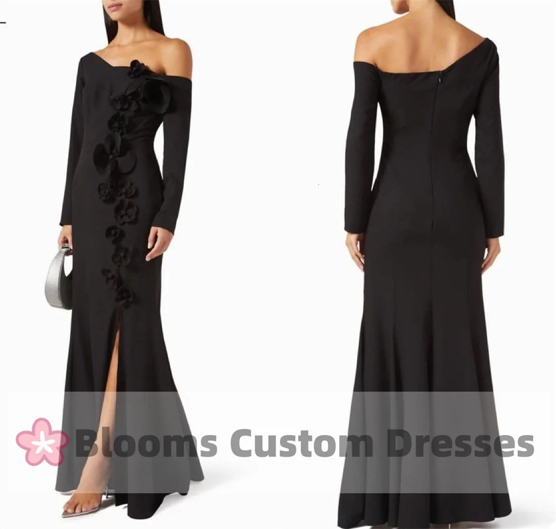 Blooms Elegant Custom Black Crepe Long Sleeve Flower Evening Dress Shoulder Seam Formal Party Ball Dress 250103