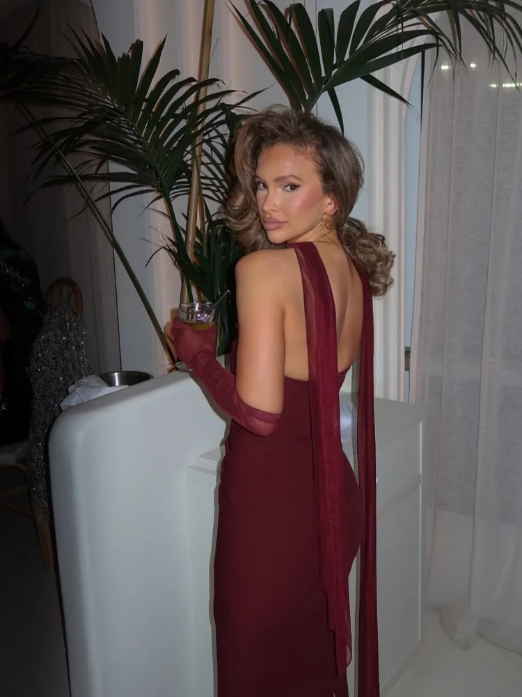 Elegant Strapless Long Dress Woman Mesh Sleeve Scarf Christmas Bodycon Backless Womens Dresses Party Evening Vestidos 250103