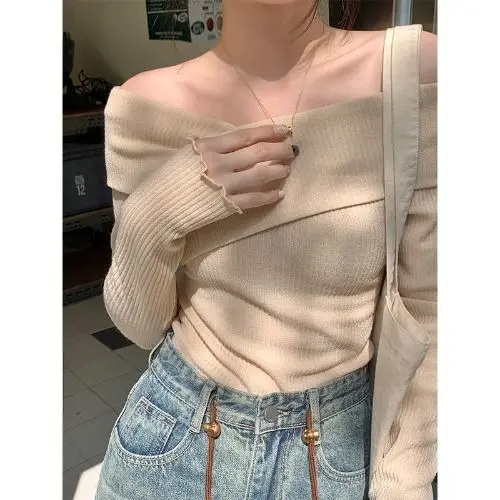 Pink Off Shoulder Long Sleeve Knitwear Pullover Women Top Spring Autumn Chic Spicy Girls Layered with Underlay Slim Fit 250103