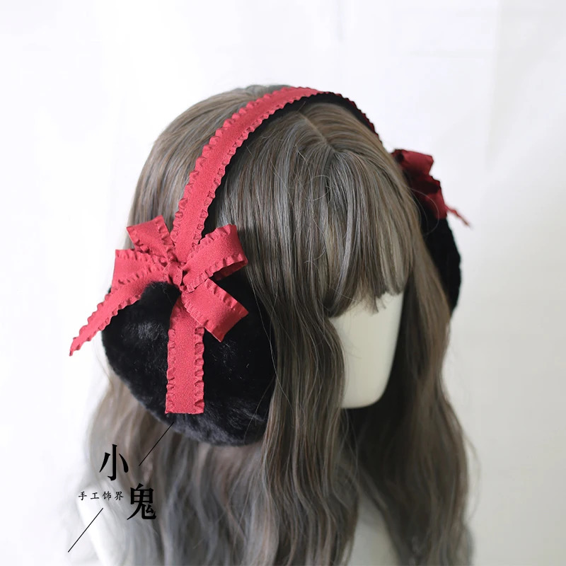 Japanese lolita earmuffs warm women winter Korean cute bow thick ears hanging ear bag 250106