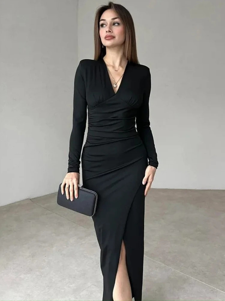 Trendix Burgundy Elegant Evening Dress Womens V-neck Ultra thin Patchwork Long Sleeve Long Dress Womens High Seam Tight Dress 2025 250103