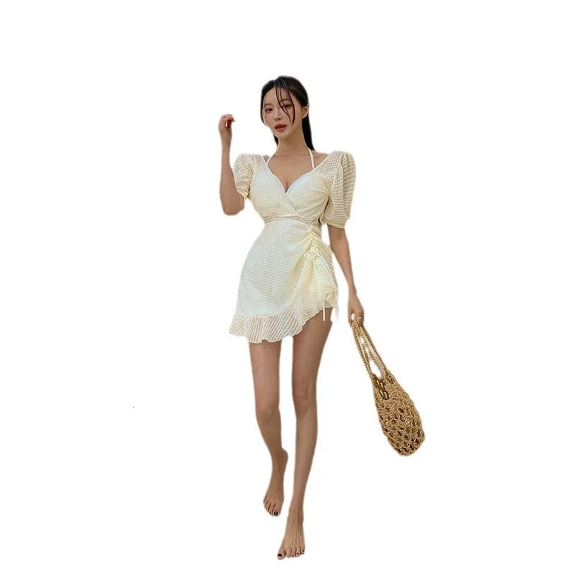 White One Piece Swimsuit Women Swimwear Sexy Ruffle Dress Swimming Suit Korean Monokini Bodysuit Beach Wear Bathing 250106