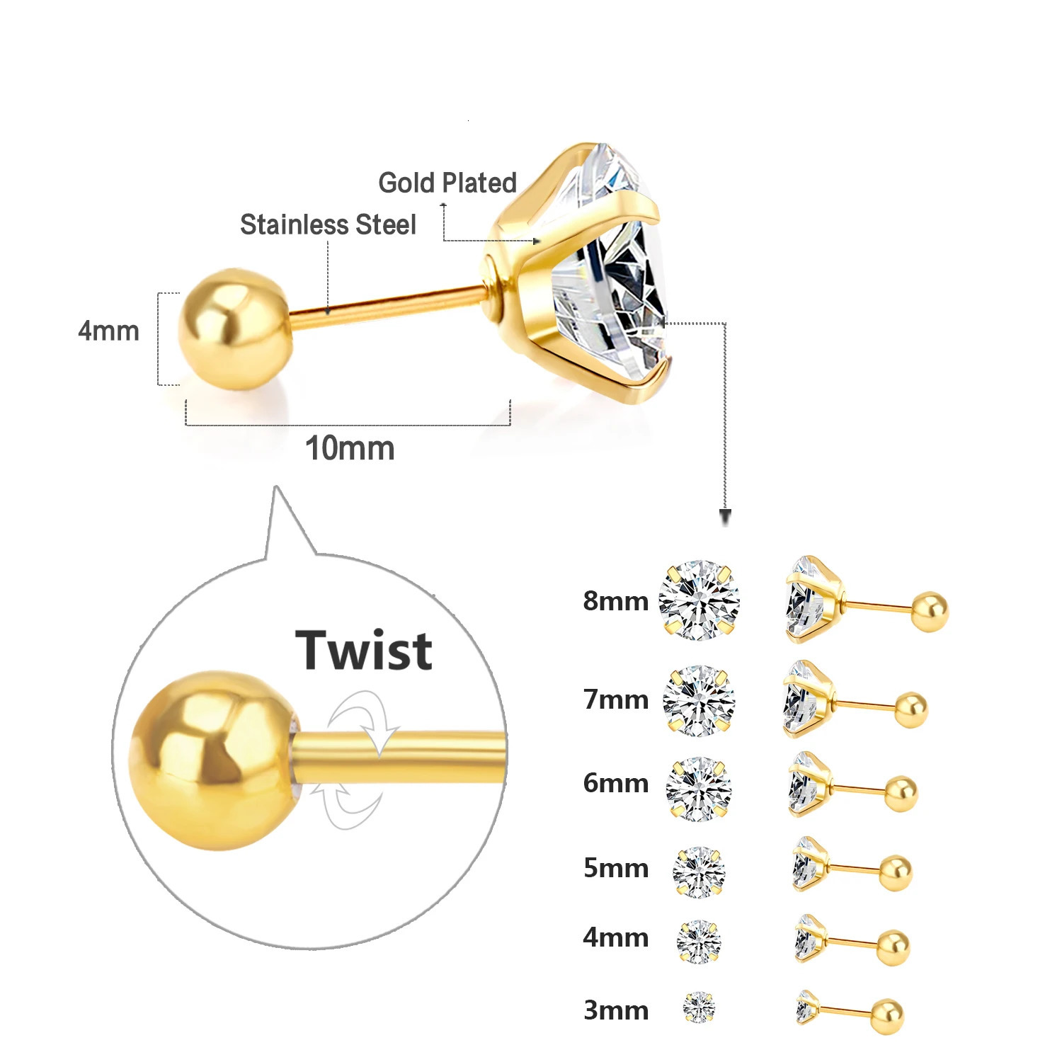 LUXUSTEEL Selling 1/5/10 Pairs Stainless Steel Round Cubic Zirconia Womens Earrings Men Stud Earrings Jewelry Accessories 250106