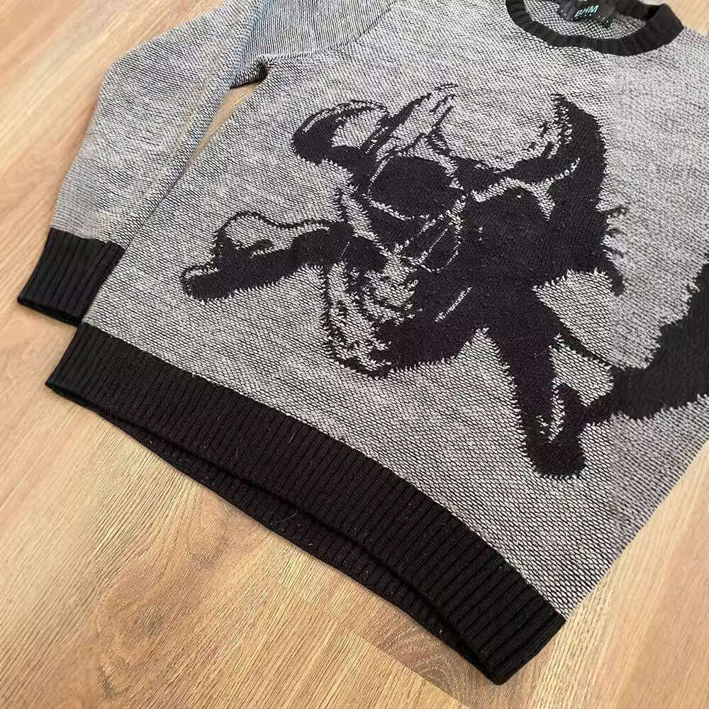 Knitted Skeleton Jacquard Pattern Round Neck Long Sleeve High Street Loose Sweater Dark Style