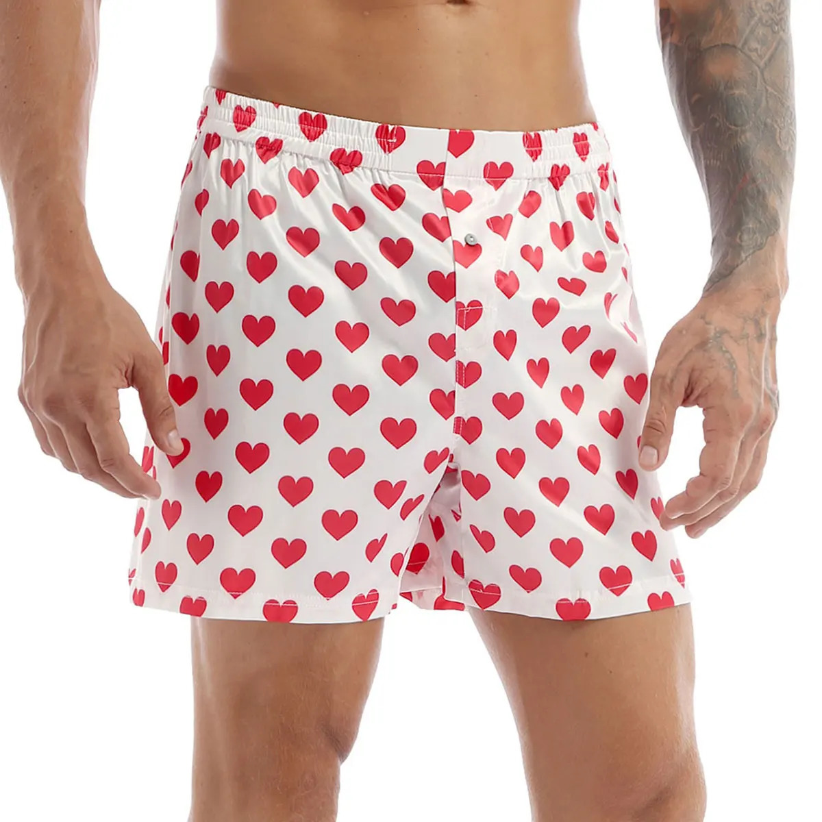 Mens Boxers Shorts Silk Sleepwear Underwear Heart Print Bottoms Lounge Beach Lightweight Loose Sports Pants 250103