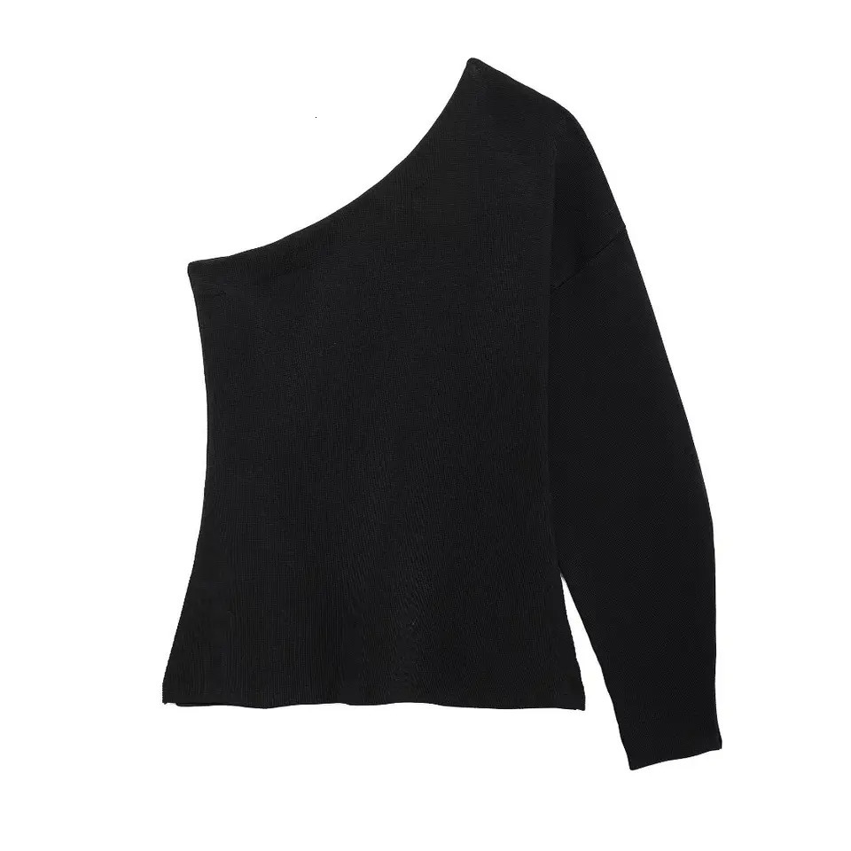 DUOPERI Women Knitwear Fashion Solid Pullover Knitted Sweater Asymmetrical Neck One Shoulder Long Sleeve Female Chic Lady Tops 250103