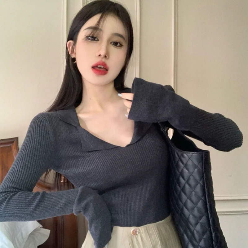 Clothing long sleeved polo neck womens knitted top plain weave cute T-shirt womens polyester summer sales V 250103