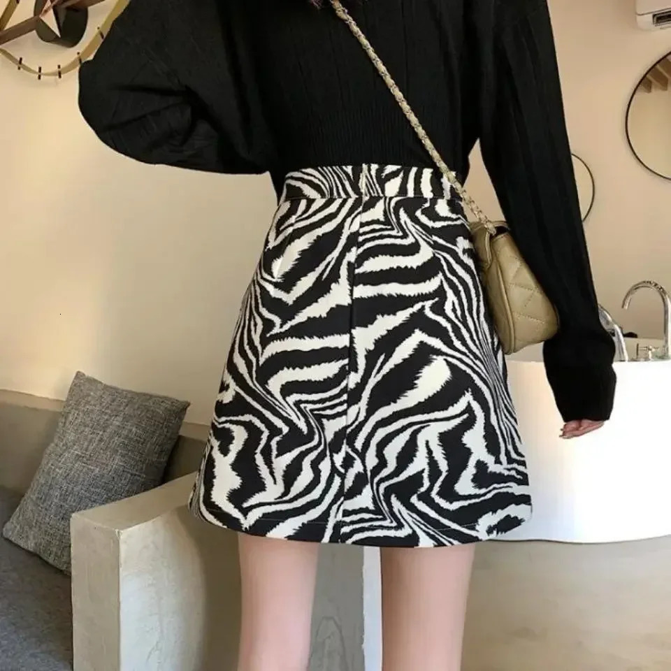 Korean Zebra Print Midi Skirt Women Autumn Female Aline High Waist Loose Skirts Vintage Mini 250106