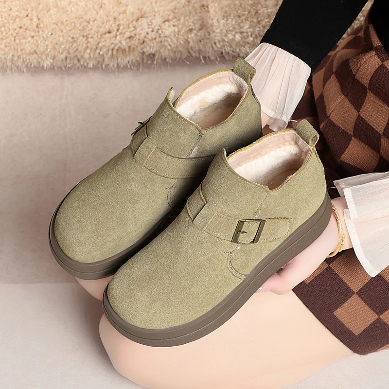 AIYUQI Women Winter Shoes Suede Genuine Leather Flat Natural Wool Warm Shoes Women Anti-Slip Women Shoes