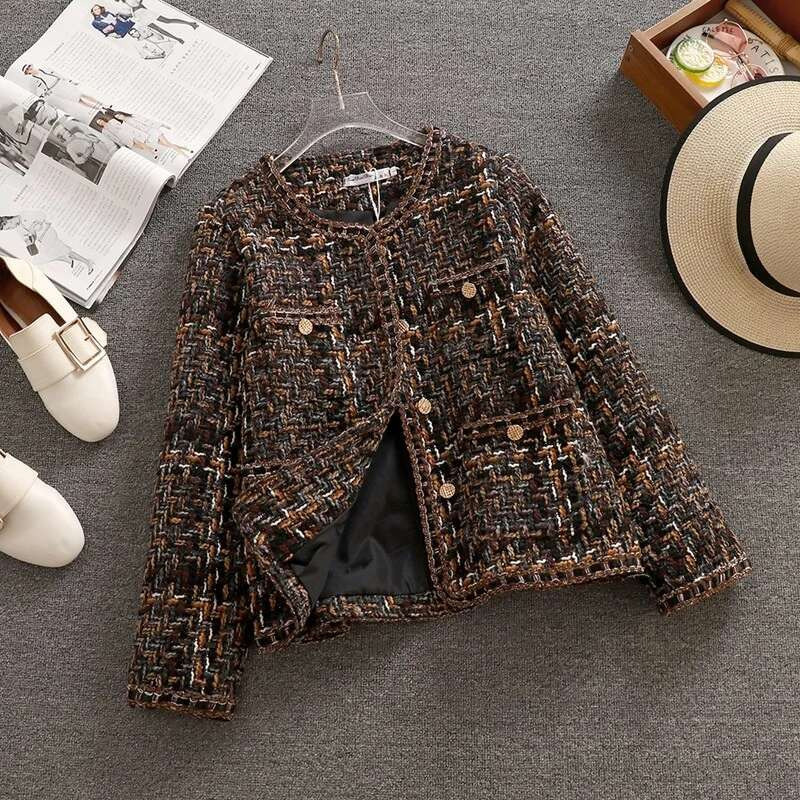Woolen Women's Short Autumn Winter Korean Temperament Slim Ladies Tweed Jacket Single-Breasted Plaid High-Quality Coat