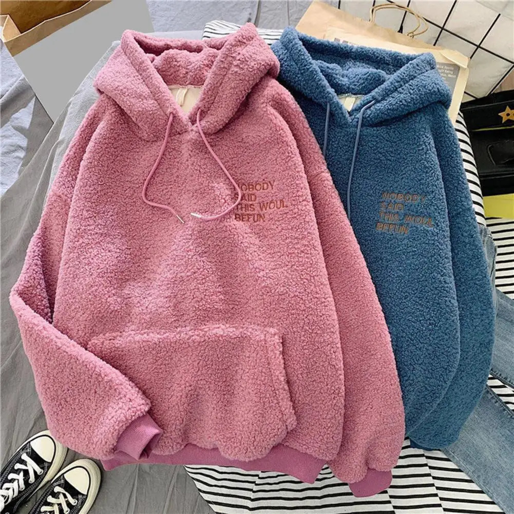 Casual Hooded Sweatshirt Cozy Fall Winter Womens Hoodie with Drawstring Patch Pocket Warm Fleece Pullover with Letter for Cold 250106