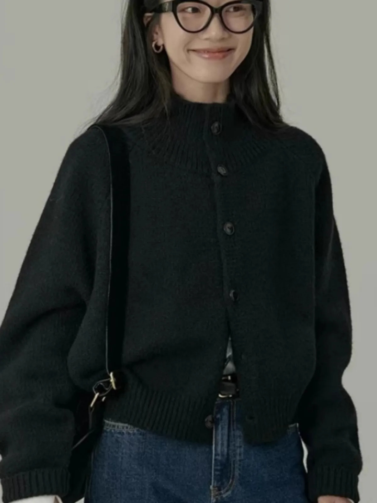 Stand collar 100%pure cashmere sweater womens thick loose knit vintage wool coat 250103