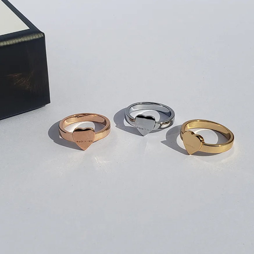 Top Quality Extravagant Simple heart Love Ring Gold Silver Rose Colors Stainless Steel Couple Rings Fashion Women Designer Jewelry Lady Party Gifts Size 6-10