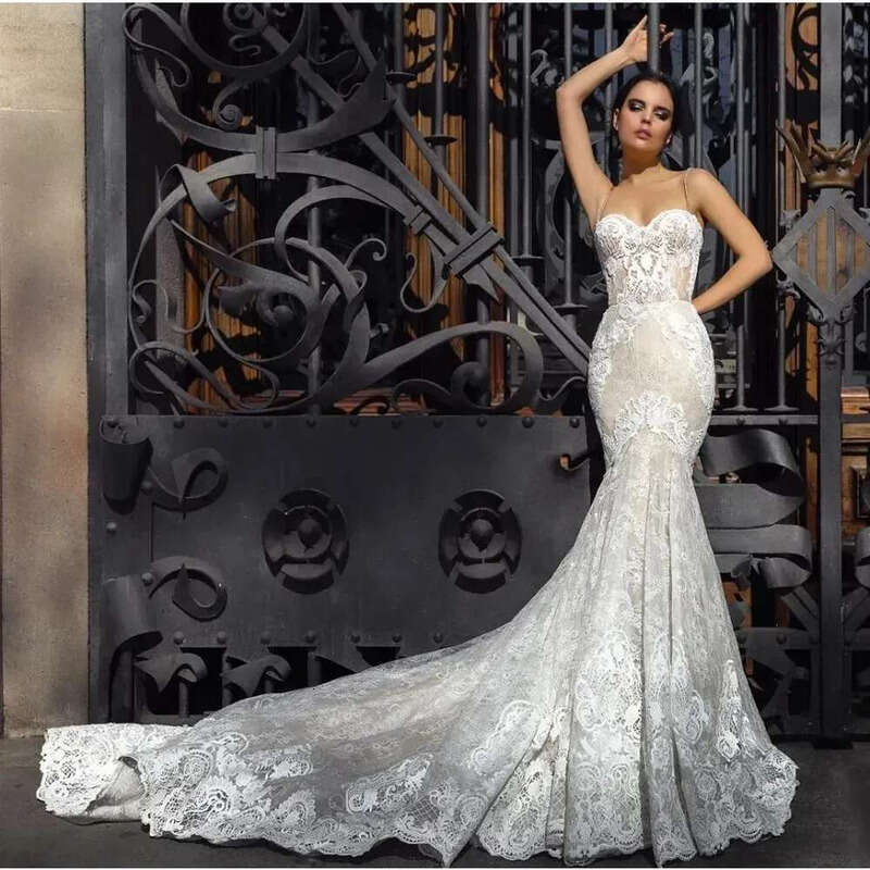Mermaid Lace Stunningbride Wedding Dresses Spaghetti Straps Trumpet Sexy Appliqued Court Train Tulle Country Bridal Gowns YD