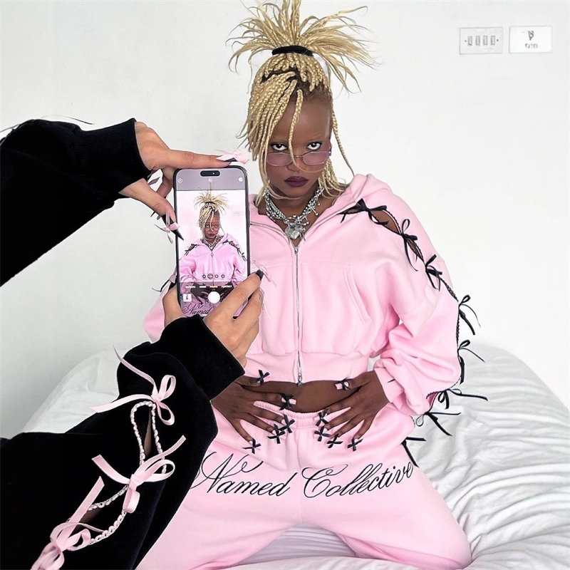 Women Tracksuits 2025 New Fleece Suit Sweatshirt Sports Pants Casual Hollow Letters Street Youth Plus Fleece Sweatpants Sports