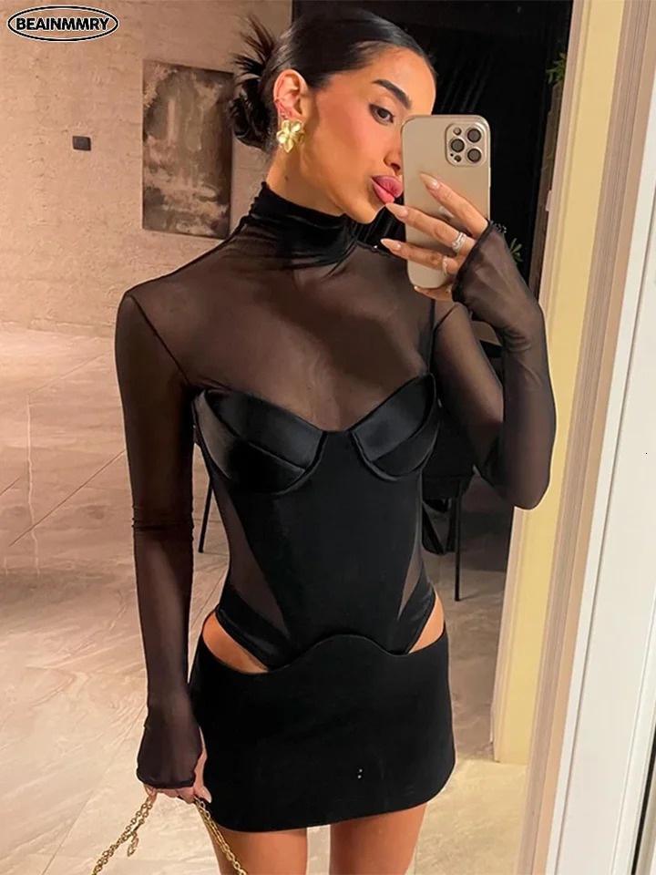 Black Sexy Hollow Out Mesh Spliced Mini Dress Fashion Turtleneck Bodycon Long Sleeve Dresses Lady Party Night Club Wear 250103