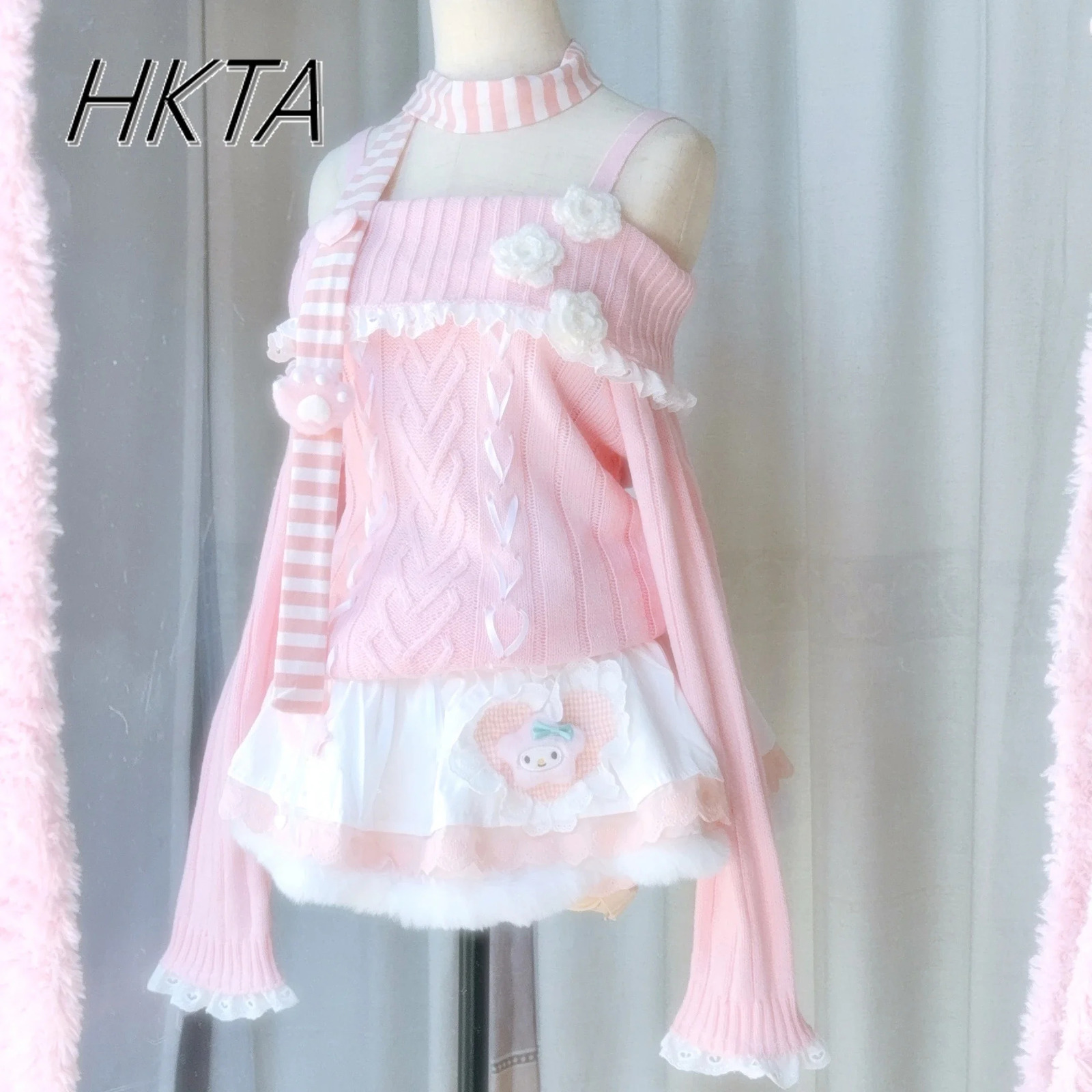 Lolita Original Handmade Sweet Kawaii Princess Sweater Women Winter Ribbon Lace Off Shoulder Pink Knitted Top 250103