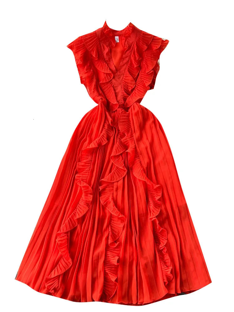 XFPV Elegant Dress Women Prairie Chic Ruffles Patchwork Slim A-line Chiffon Sleeveless Vestido 2025 Summer Fashion SM7493 250103